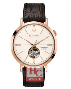 Bulova Aerojet Automatic 97A136 Rose Gold Tone Men's Watch Case Leather Band
