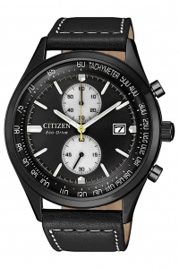 Citizen CA7027-08E Chandler Chronograph Eco Drive Black Dial Black Leather Strap Men Watch