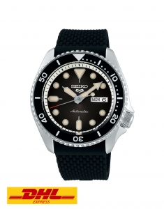 New Seiko 5 Sports Silver S/S Case Black Silicone Strap Auto SRPD73K2 Mens Watch
