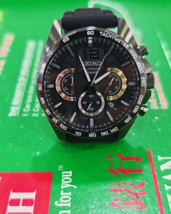 Seiko Chronograph SSB349P1 (Discon) Sport Chronograph 100m Black Dial Black Silicone Band Men Watch